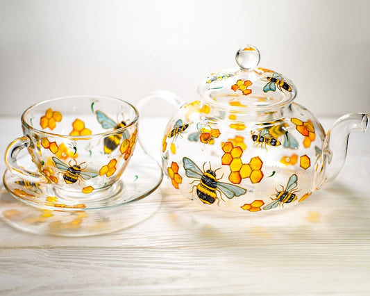 Hand Painted Glass Tea Set, Bee Teapot with Cups and Saucers, Grandma Gift