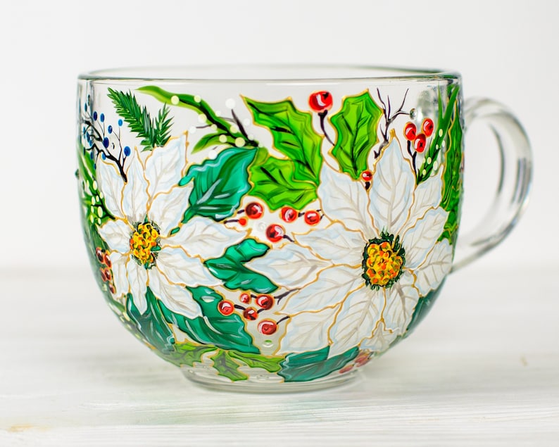 Hand Painted Poinsettia Christmas Mug