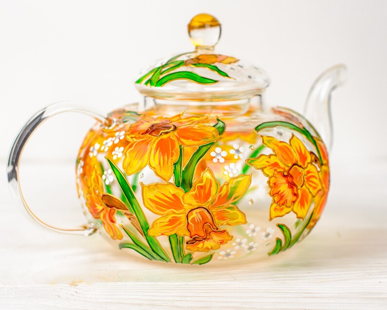 Daffodil Glass Teapot: Hand Painted Floral Tea Lover Gift