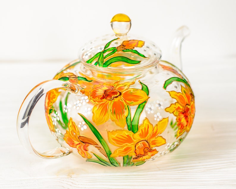 Daffodil Glass Teapot: Hand Painted Floral Tea Lover Gift