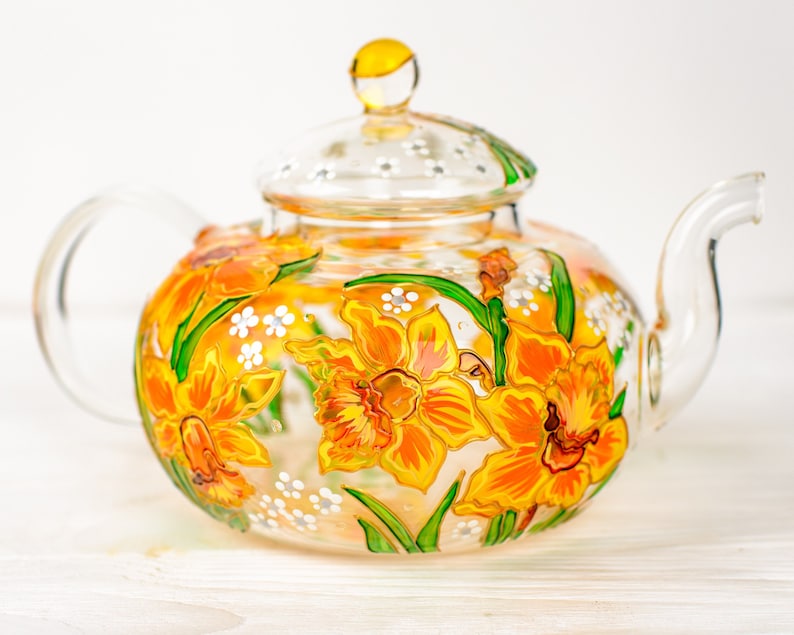 Daffodil Glass Teapot: Hand Painted Floral Tea Lover Gift