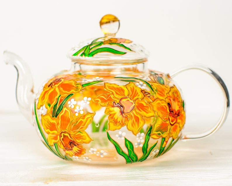 Daffodil Glass Teapot: Hand Painted Floral Tea Lover Gift