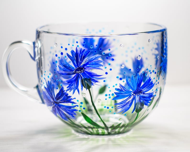 Hand Painted Cornflower Coffee Mug: Blue Wildflower Design