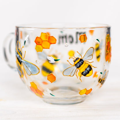 Bee Coffee Mug with Honeycomb Hand Painted, Christmas Gift Grandma