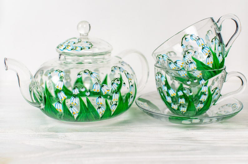 Lily of the Valley Tea Set: Hand Painted Glass Teapot, Cups & Saucers