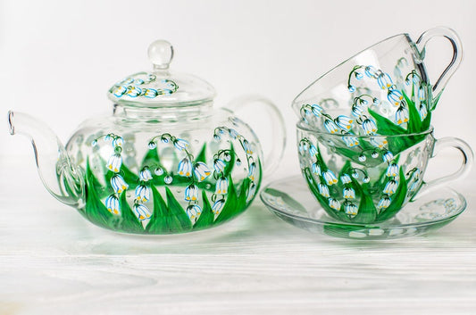 Lily of the Valley Tea Set: Hand Painted Glass Teapot, Cups & Saucers