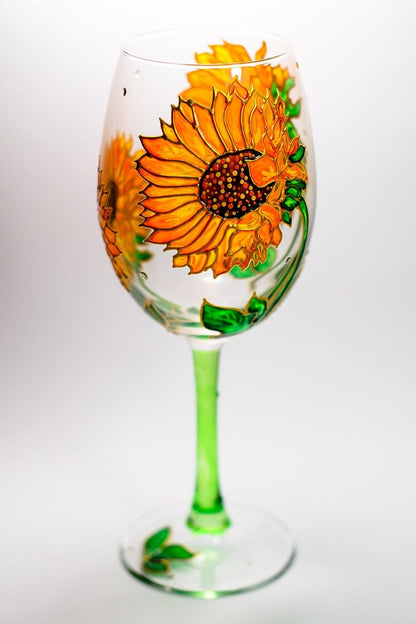 Hand Painted Sunflowers Wine Glass:  Floral Stemware