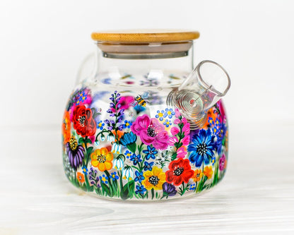 Hand Painted Wildflower Glass Teapot with Infuser: Botanical Mom Gift