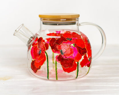 Birthday Gift for Mom, Red Poppies Teapot, Flowers Tea Pot Hand Painted