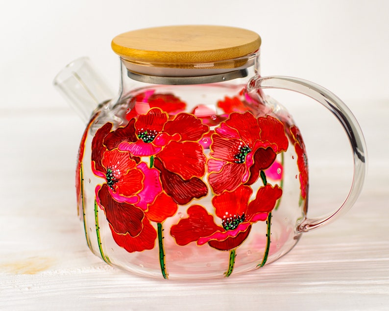 Birthday Gift for Mom, Red Poppies Teapot, Flowers Tea Pot Hand Painted