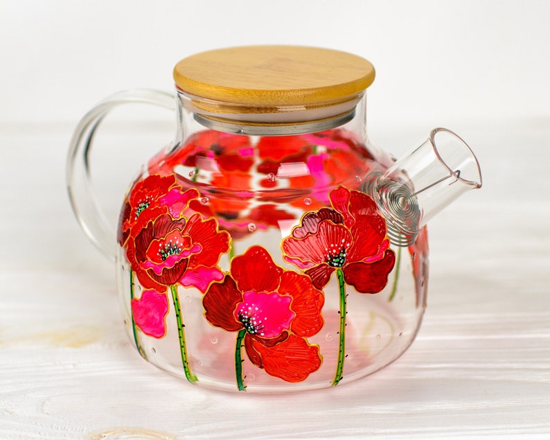 Birthday Gift for Mom, Red Poppies Teapot, Flowers Tea Pot Hand Painted