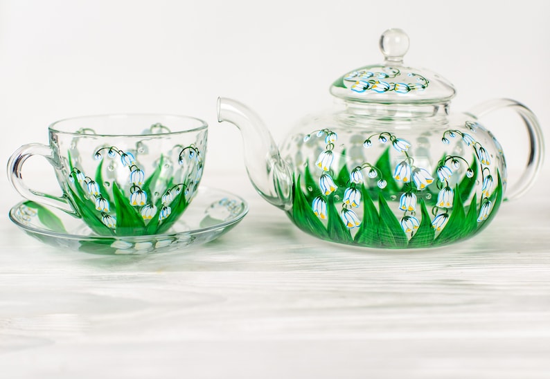Lily of the Valley Tea Set: Hand Painted Glass Teapot, Cups & Saucers