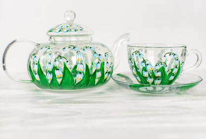 Lily of the Valley Tea Set: Hand Painted Glass Teapot, Cups & Saucers