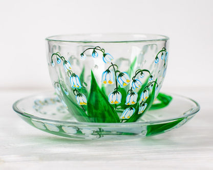 Lily of the Valley Tea Set: Hand Painted Glass Teapot, Cups & Saucers