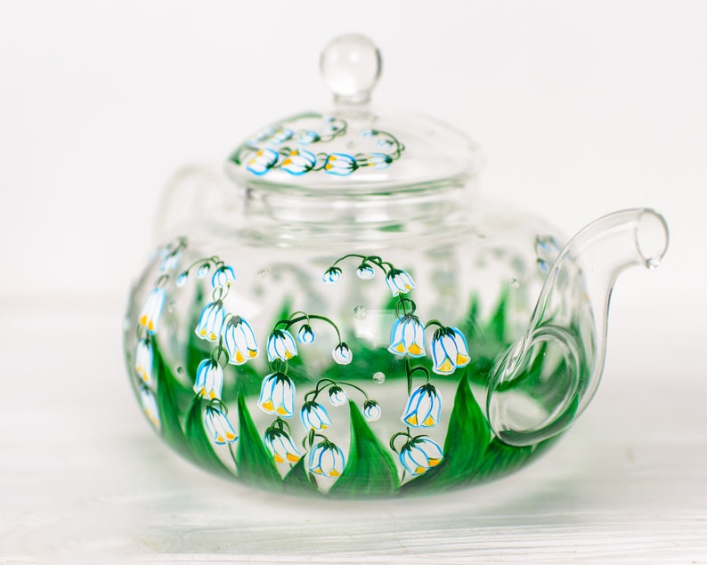 Lily of the Valley Tea Set: Hand Painted Glass Teapot, Cups & Saucers