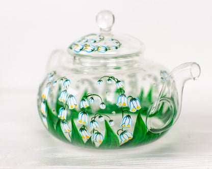 Lily of the Valley Tea Set: Hand Painted Glass Teapot, Cups & Saucers