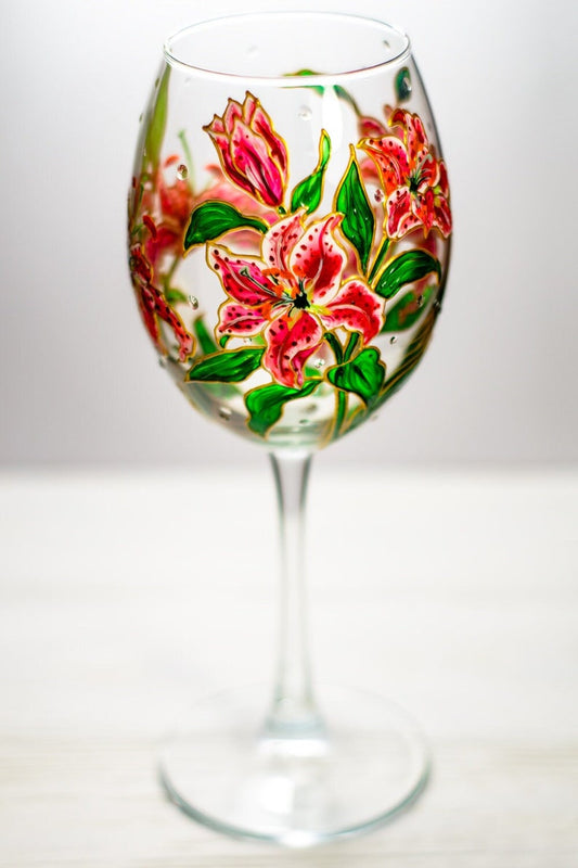 Flower Wine Glass, Hand Painted Floral Stargazer Lily Gift, Pink Lilies Flowers Gift