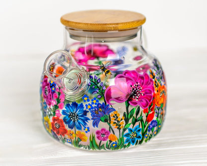 Hand Painted Wildflower Glass Teapot with Infuser: Botanical Mom Gift