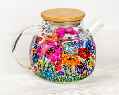 Hand Painted Wildflower Glass Teapot with Infuser: Botanical Mom Gift