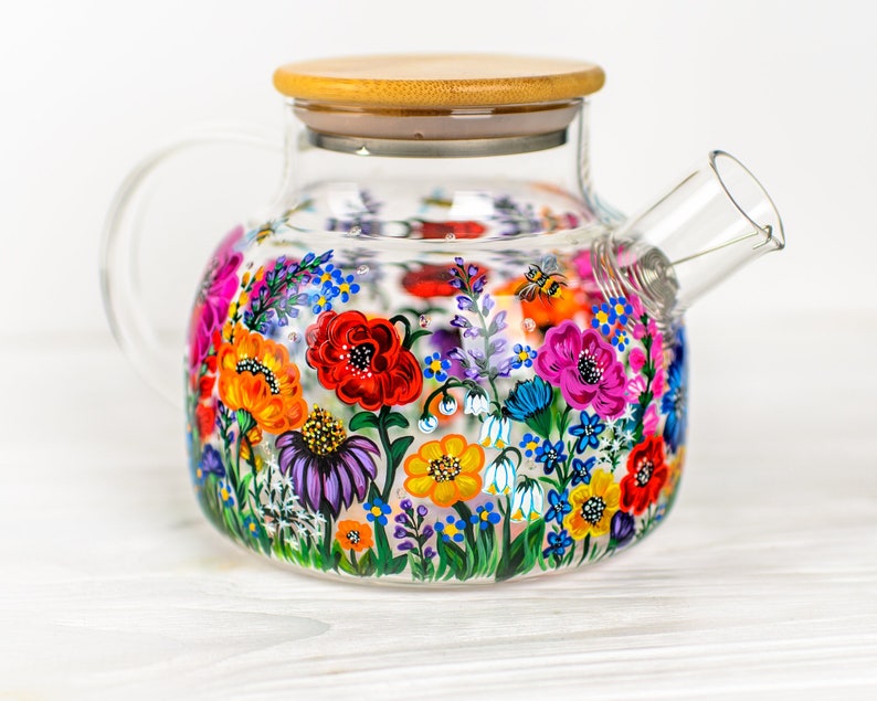 Hand Painted Wildflower Glass Teapot with Infuser: Botanical Mom Gift