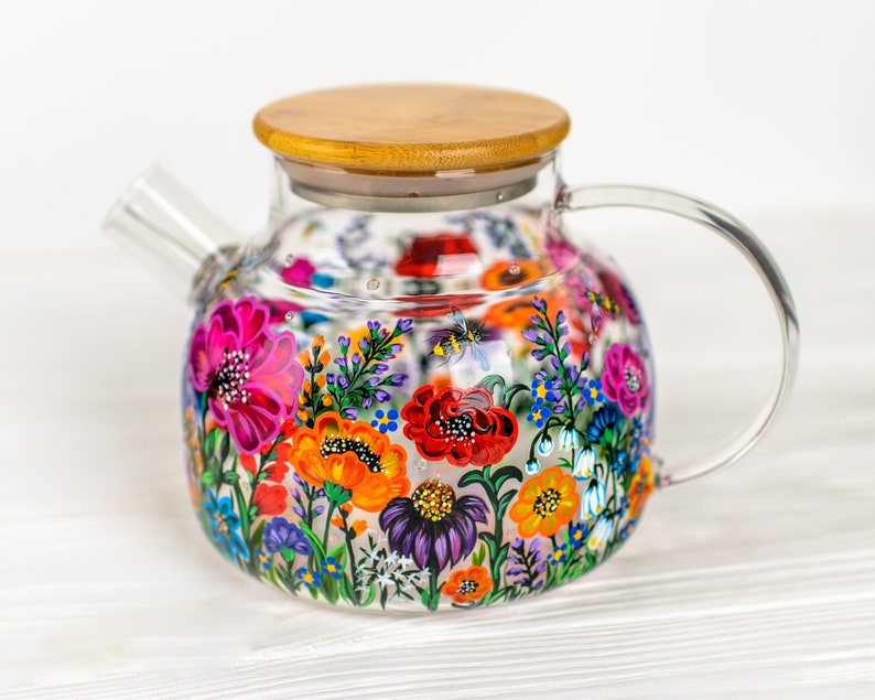 Hand Painted Wildflower Glass Teapot with Infuser: Botanical Mom Gift