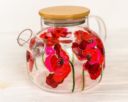 Birthday Gift for Mom, Red Poppies Teapot, Flowers Tea Pot Hand Painted