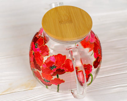 Birthday Gift for Mom, Red Poppies Teapot, Flowers Tea Pot Hand Painted