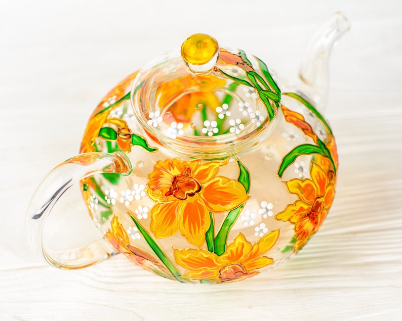Daffodil Glass Teapot: Hand Painted Floral Tea Lover Gift