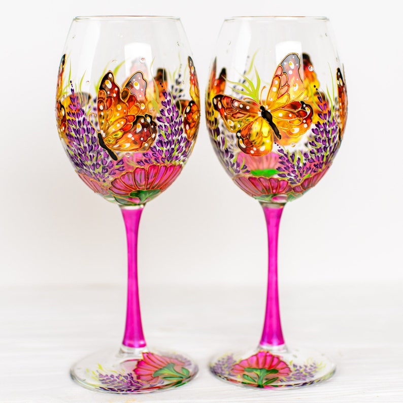 Monarch Butterfly Wine Glasses: Hand-Painted, Set