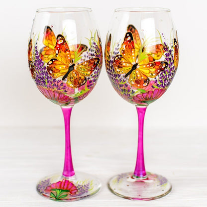 Monarch Butterfly Wine Glasses: Hand-Painted, Set