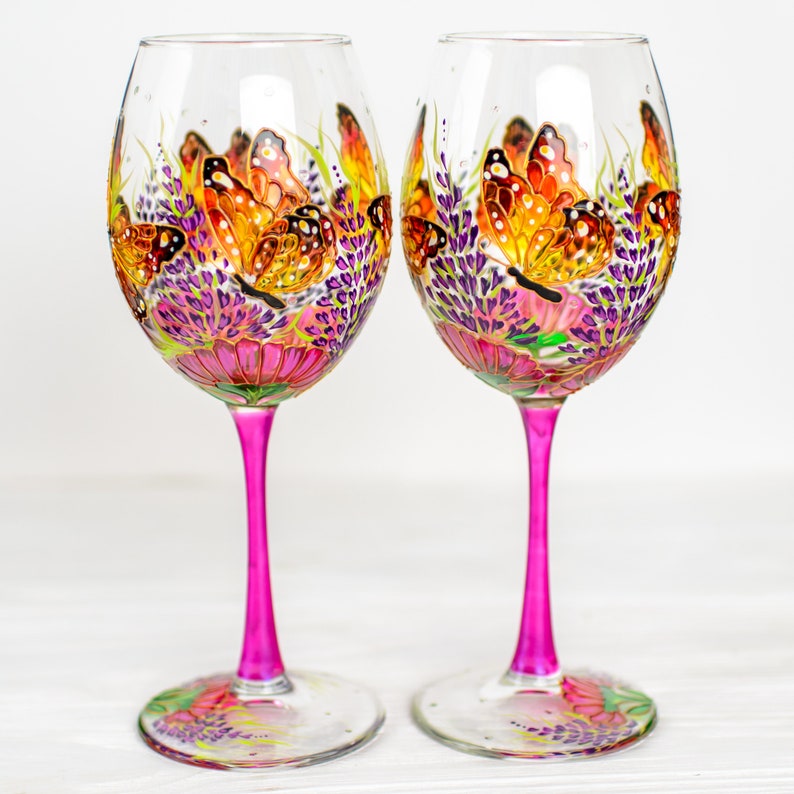 Monarch Butterfly Wine Glasses: Hand-Painted, Set