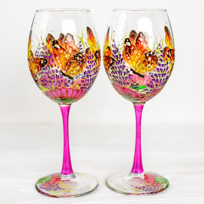 Monarch Butterfly Wine Glasses: Hand-Painted, Set