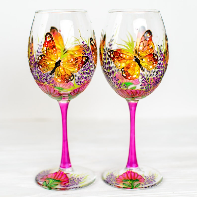Monarch Butterfly Wine Glasses: Hand-Painted, Set