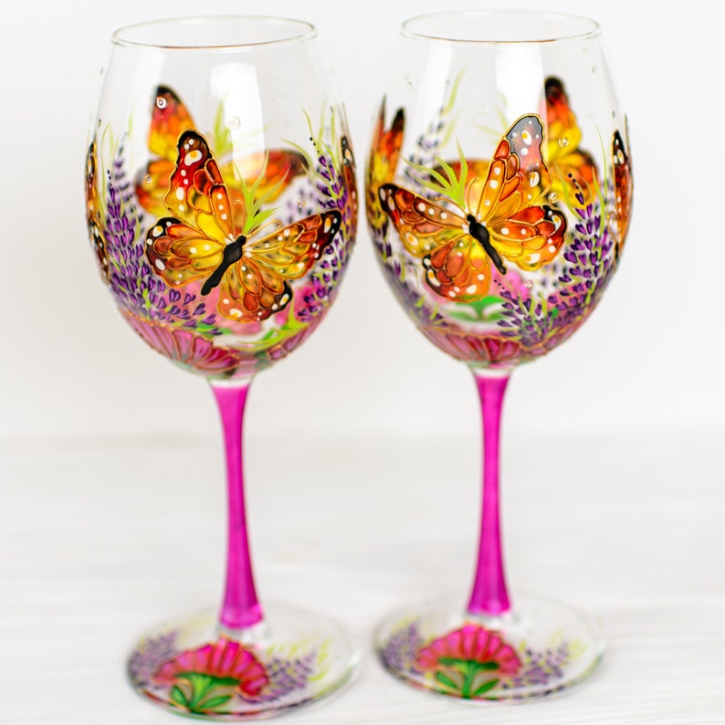 Monarch Butterfly Wine Glasses: Hand-Painted, Set