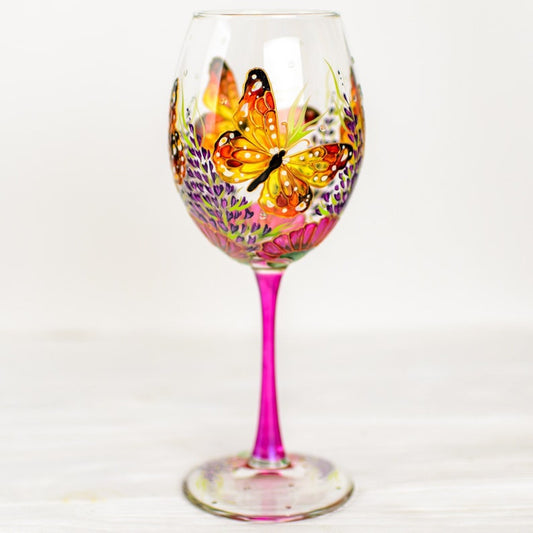 Butterfly Wine Glass: Hand Painted Birthday Gift