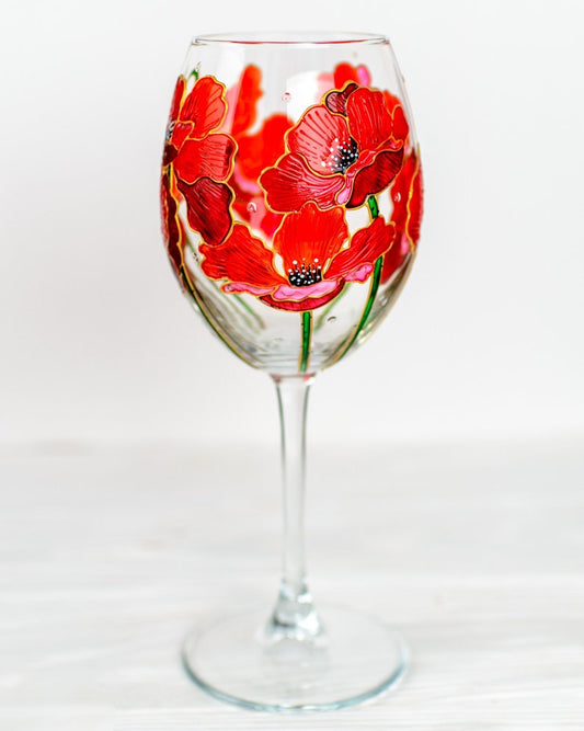 Hand Painted Red Poppies Wine Glass: Floral Birthday Gift