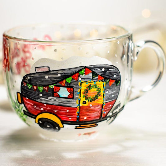 Hand Painted Christmas Coffee Mug, Vintage Camper Holiday Decor