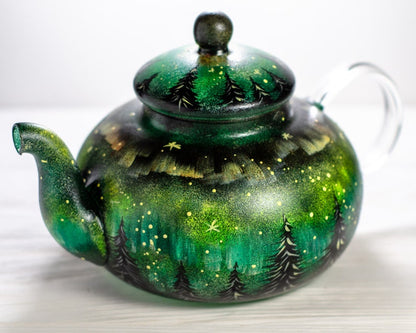 Hand Painted Aurora Borealis Teapot, Christmas Northern Lights Glass Tea Pot