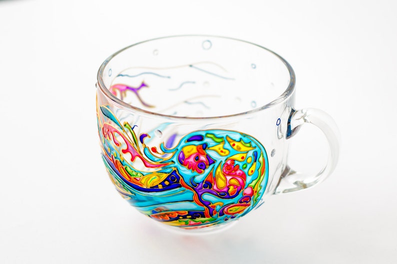 Hand Painted Jellyfish Glass Coffee Mug, Coastal Decor (17 oz)