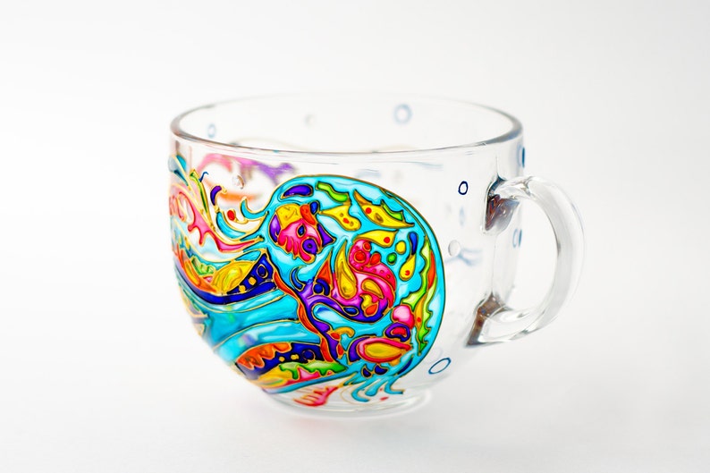 Hand Painted Jellyfish Glass Coffee Mug, Coastal Decor (17 oz)