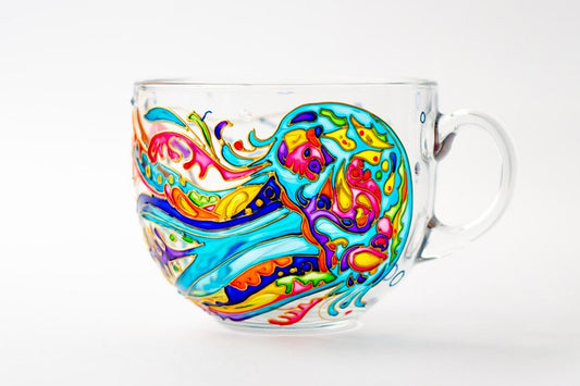 Hand Painted Jellyfish Glass Coffee Mug, Coastal Decor (17 oz)