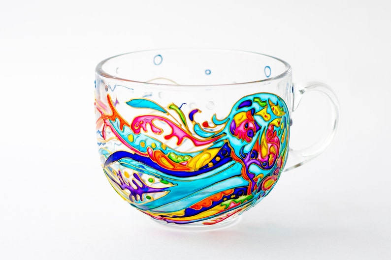 Hand Painted Jellyfish Glass Coffee Mug, Coastal Decor (17 oz)