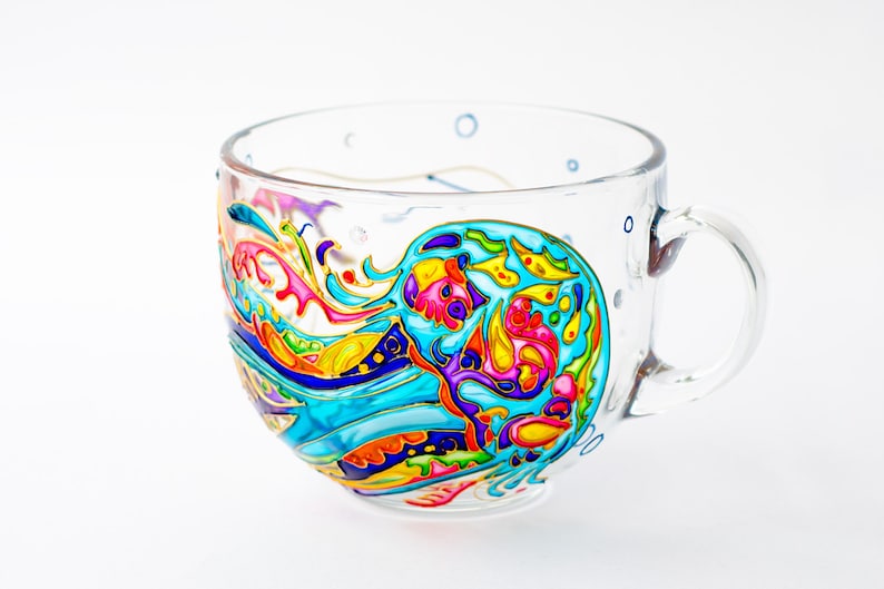 Hand Painted Jellyfish Glass Coffee Mug, Coastal Decor (17 oz)