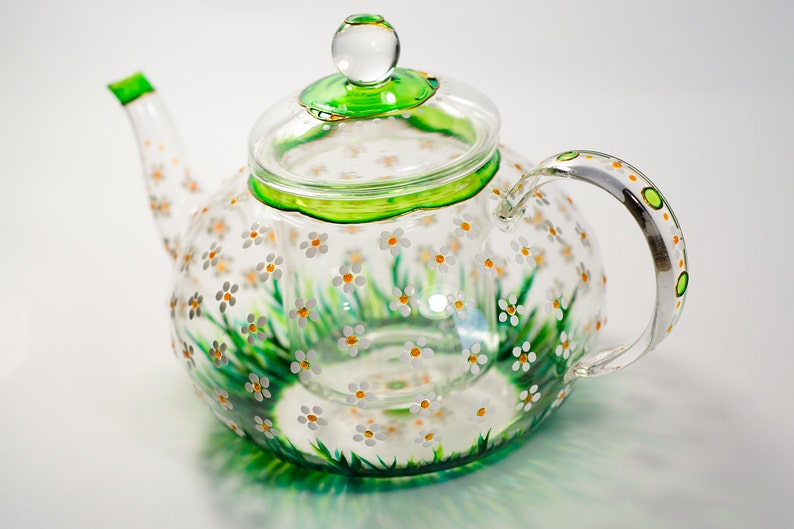 Glass Teapot with Infuser Tea kettle Floral tea pot Daisies teapot for women Hostess gift