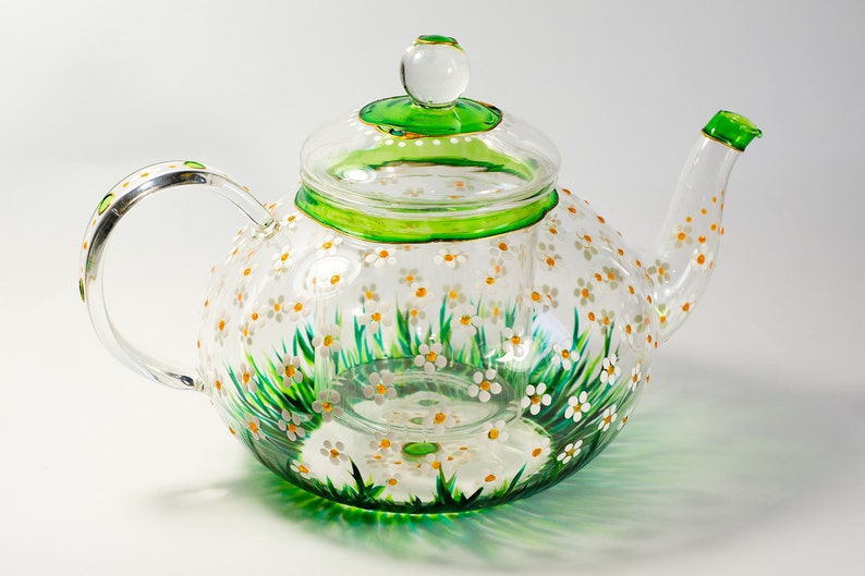 Glass Teapot with Infuser Tea kettle Floral tea pot Daisies teapot for women Hostess gift